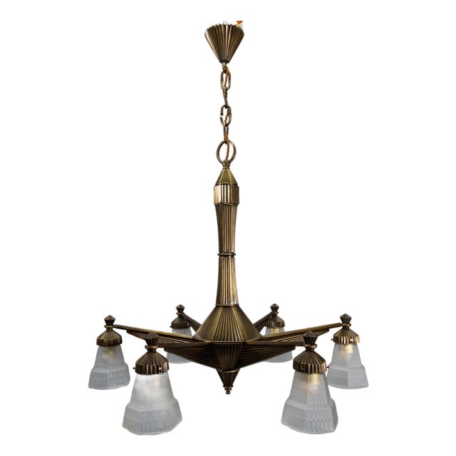 Art Deco French Bronze and Frosted White Glass Six-Light Chandelier, 1920 For Sale