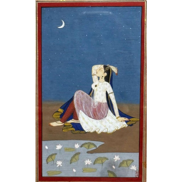 Rajasthani, Nayika by Moonlight, 1800s, Gouache & Watercolor For Sale - Image 3 of 9