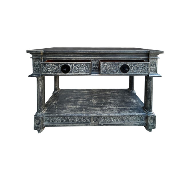 1990s Distressed Black Gray Relief Floral Motif Tall Credenza Console Cabinet For Sale - Image 5 of 9