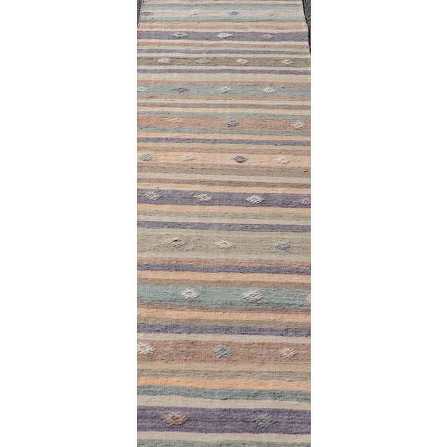 Mid 20th Century Vintage Flat Weave Turkish Kilim Runner With Stripe and Modern Motif Design For Sale - Image 5 of 10