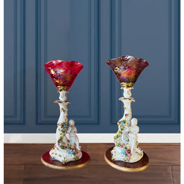 Capodimonte Porcelain Cherub Art Glass Shade Torchiere Lamp For Sale - Image 10 of 12