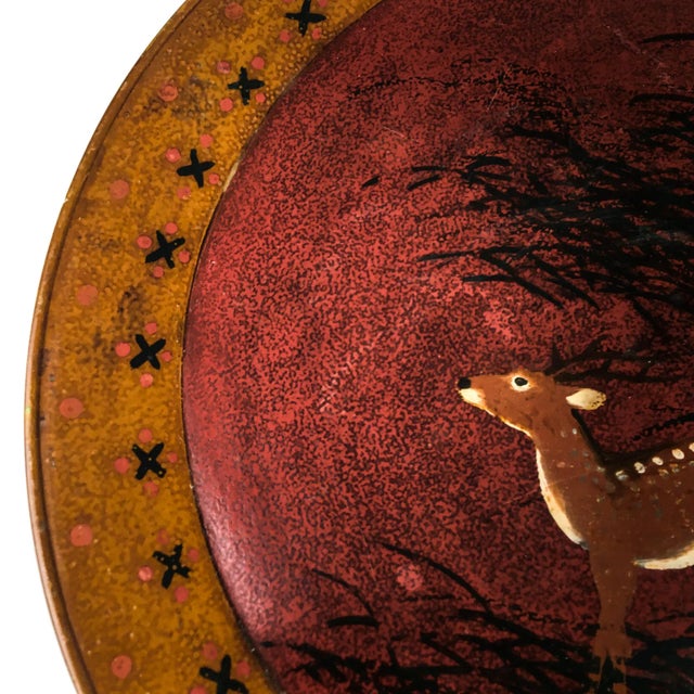Wood Hand Turned Large Round Vintage Solid Wood Deer Painted Tray For Sale - Image 7 of 13