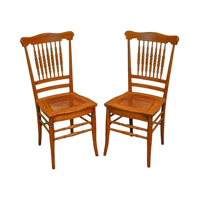 Victorian Oak Antique Spindle Back Cane Seat Side Chairs a Pair
