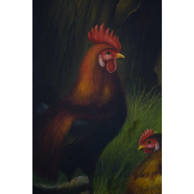 Paint Chickens in the Field Artist Signed Oil Painting on Canvas For Sale - Image 7 of 12