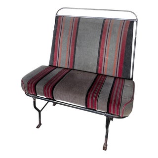 Vintage Industrial Bench with Racing Stripe Upholstery For Sale