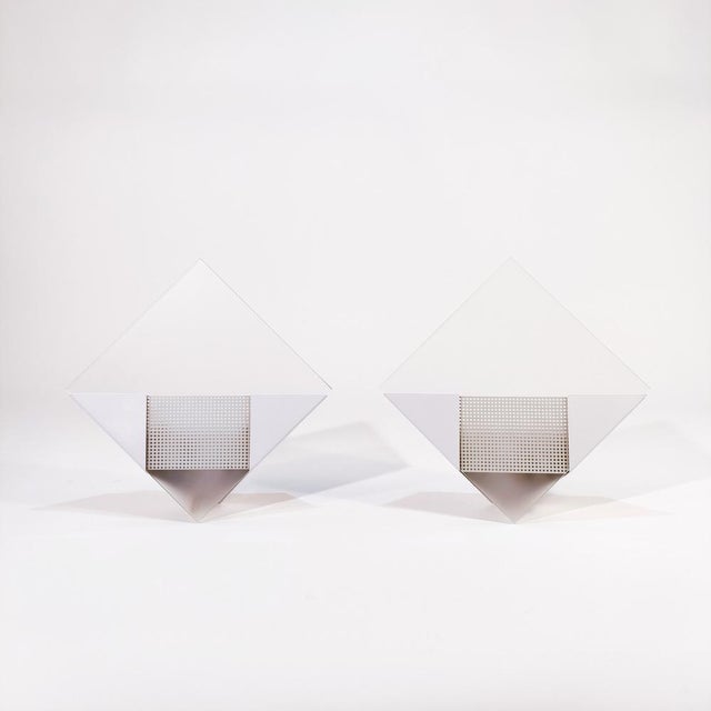 “Rombo” sconces, designed by Miguel Milá, Spain, 1984, set of 2. Pair of postmodern sconces or wall lamps with white...