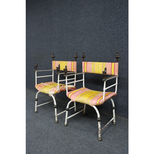 Italian Pair of Italian Savonarola Style Iron Chairs With Figural Arms For Sale - Image 3 of 15