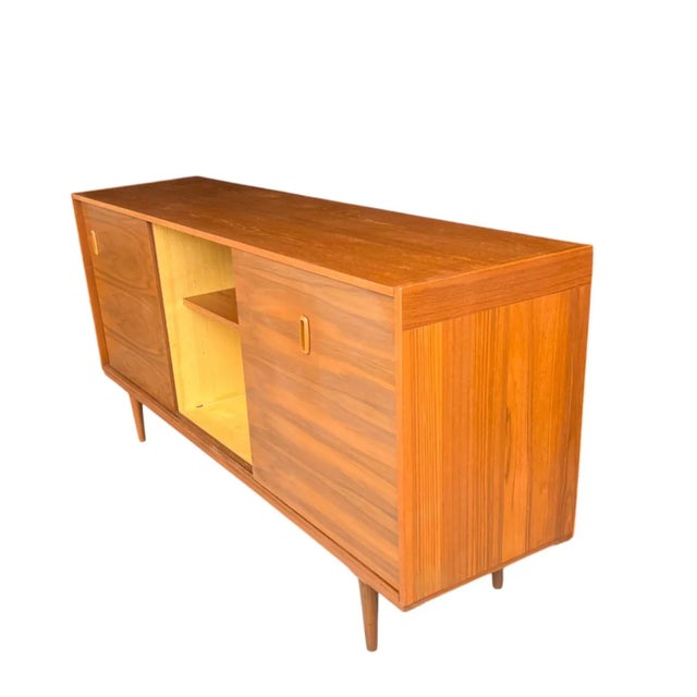 Danish Modern Scandinavian Walnut Credenza – Sliding Doors, Recessed Pulls, Restored For Sale - Image 10 of 14