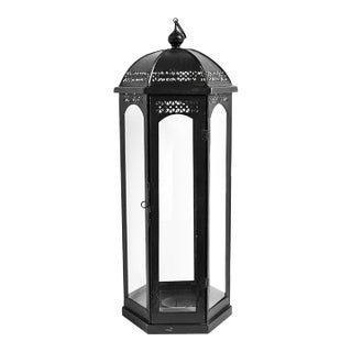 Vintage Ball Top Black Iron Floor Candle Stand / Lantern Large For Sale