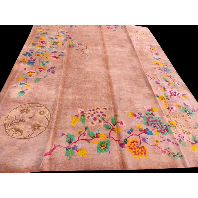 1930s Orange-Peach Floral Modern Antique Chinese Art Deco Rug Handknotted Carpet For Sale In New York - Image 6 of 7