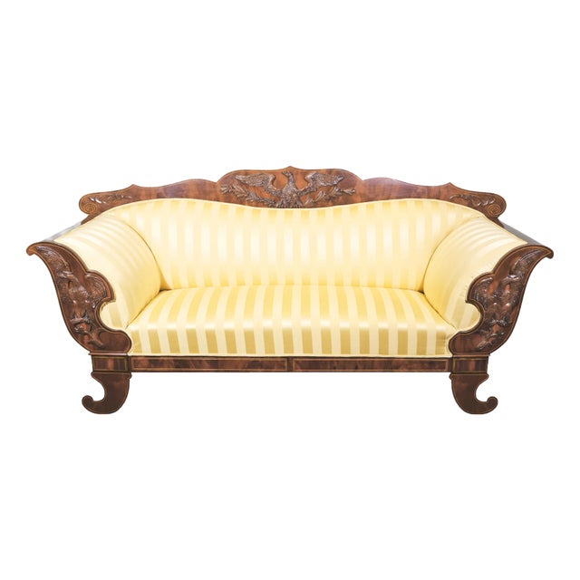 Mid 19th Century Biedermeier Sofa Mahogany and Pearwood Inlay With Regal Carved Eagles For Sale