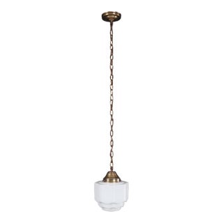 Restored Art Deco Stepped Milk Glass Hanging Pendant Light For Sale