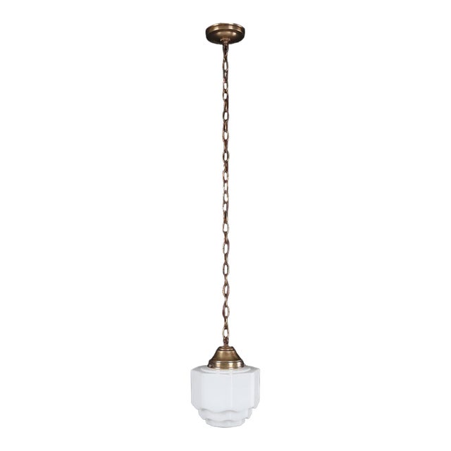 Restored Art Deco Stepped Milk Glass Hanging Pendant Light For Sale