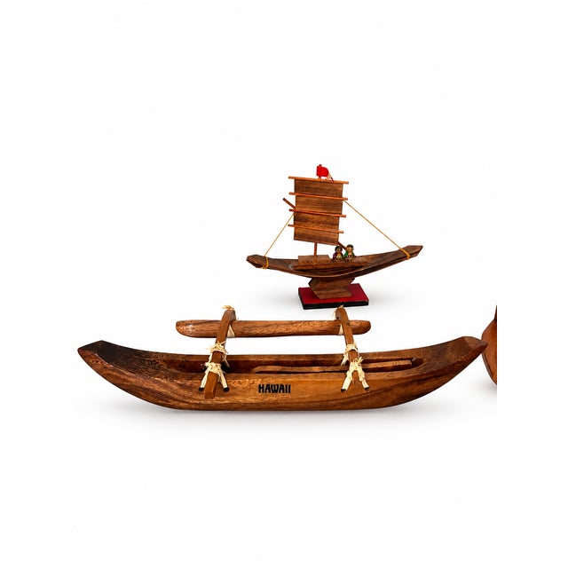 Mid 20th Century Mid 20th Century Set of Four Wooden Boat Models With Sails, Covered Boat and Hawaiian Outrigger For Sale - Image 5 of 9