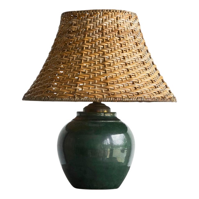 Green Luster Glazed Studio Pottery Table Lamp with Rattan Shade, 1970s For Sale