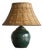 Green Luster Glazed Studio Pottery Table Lamp with Rattan Shade, 1970s For Sale