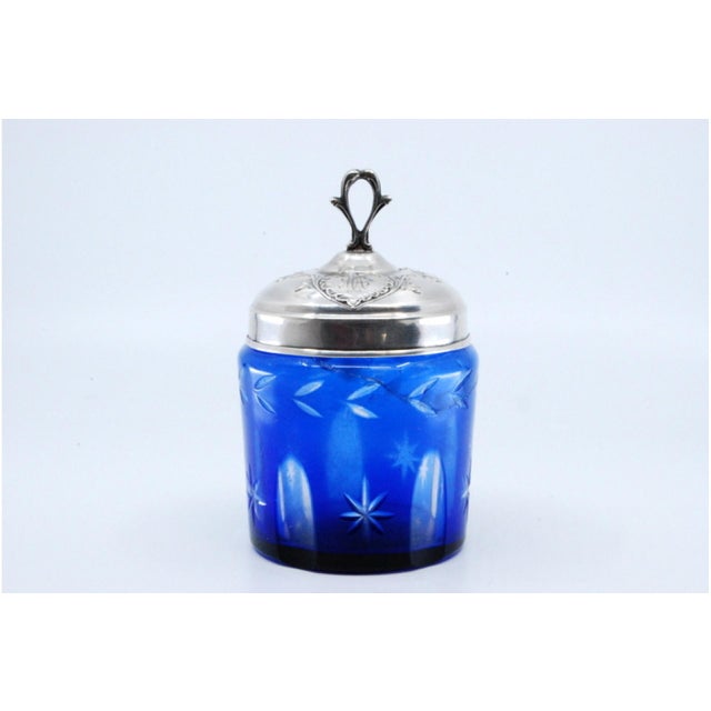 Blue Glass Jam Jar with Engravings and Silver Lid with Floral Motifs, in Good conditions.