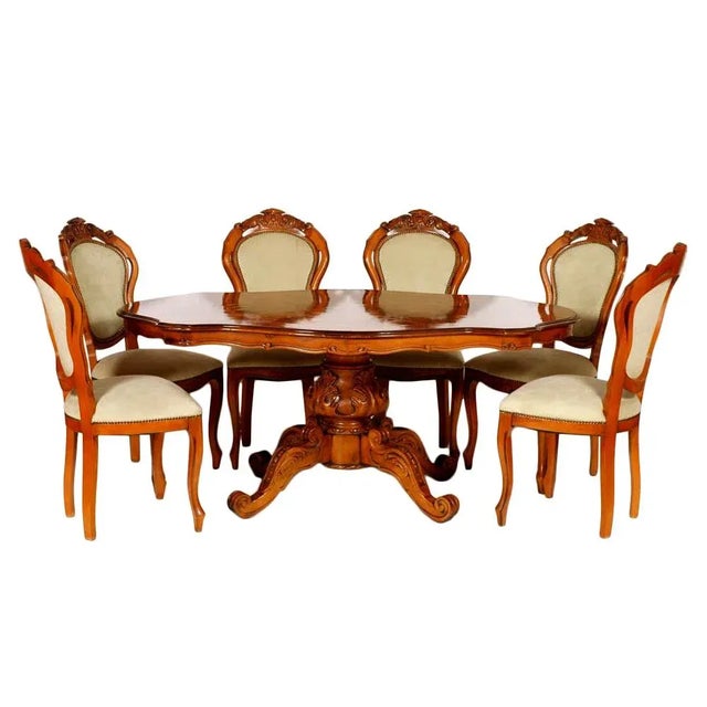Wood Baroque Style Hand-Carved Walnut Dining Table and Chairs, 1930s, Set of 7 For Sale - Image 7 of 7