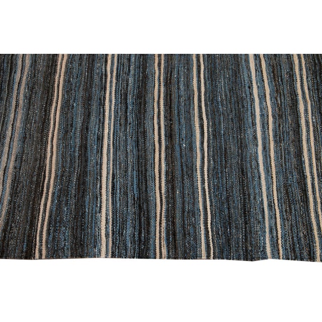 Blue Modern Sriped Flatweave Handmade Wool Rug For Sale In New York - Image 6 of 11