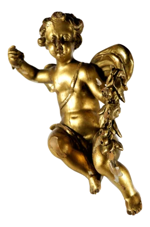 Antique Wood Carved Gold Gilt Sitting Winged Putti