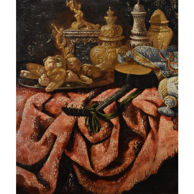 Baroque Antonio Tibaldi, Still Life with Rug, 1660, Oil on Canvas, Framed For Sale - Image 3 of 15