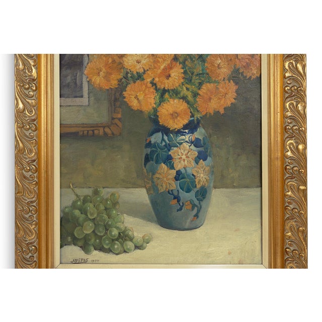 Jos Pas, Still Life with Flowers and Grapes in a Vase, 1944, Oil on Canvas For Sale - Image 6 of 11
