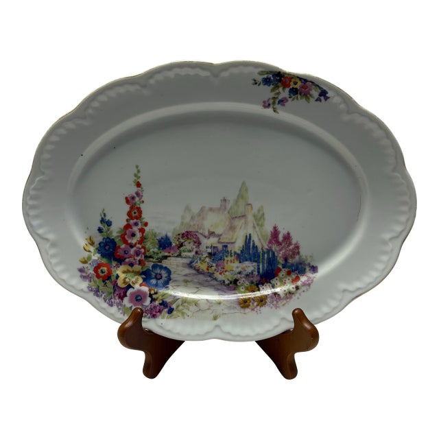 Mid 20th Century Japanese Porcelain Oval Platter With English Cottage Garden Scene, C. 1950s For Sale