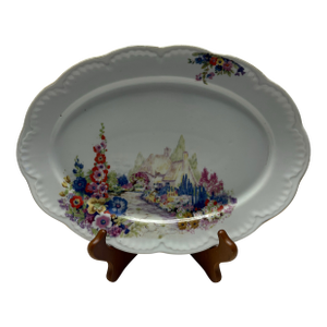Mid 20th Century Japanese Porcelain Oval Platter With English Cottage Garden Scene, C. 1950s