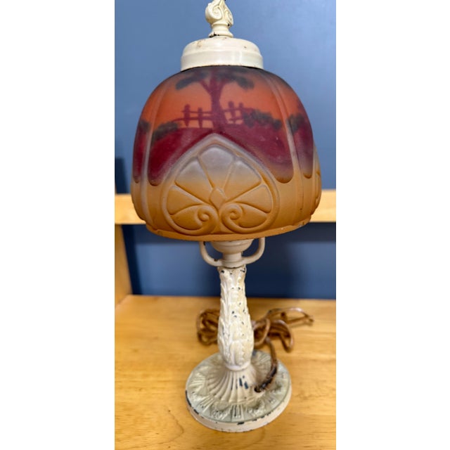 Antique 1920s Reverse Painted Puffed Glass Boudoir Lamp Jefferson Style Scenic Sunset For Sale - Image 4 of 15