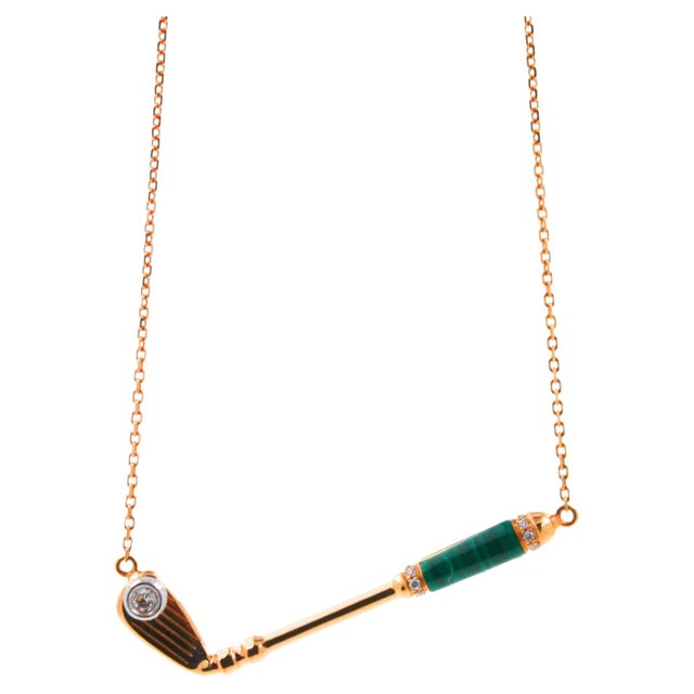 18K Yellow Gold Green Malachite Gemstone Handle White Diamond Golf Ball Gemstone 0.15 cts Diamonds 16-18 inches Diamond-...