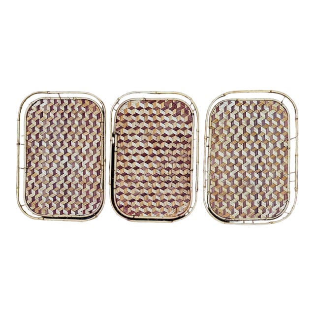 Mid 20th Century Wicker Weave Bamboo Stackable Serving Trays Set of 3