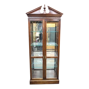 Stickley Carved Mahogany Wood Lighted Bookcase or Display Cabinet