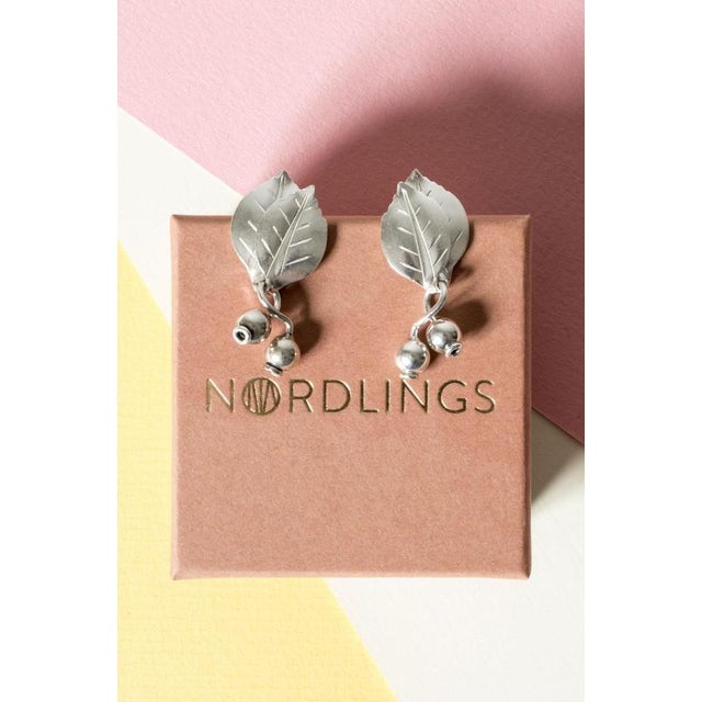 Pair of exquisite silver earrings by Gertrud Engel, made in the form of leaves with berries hanging from the ends. Lovely...