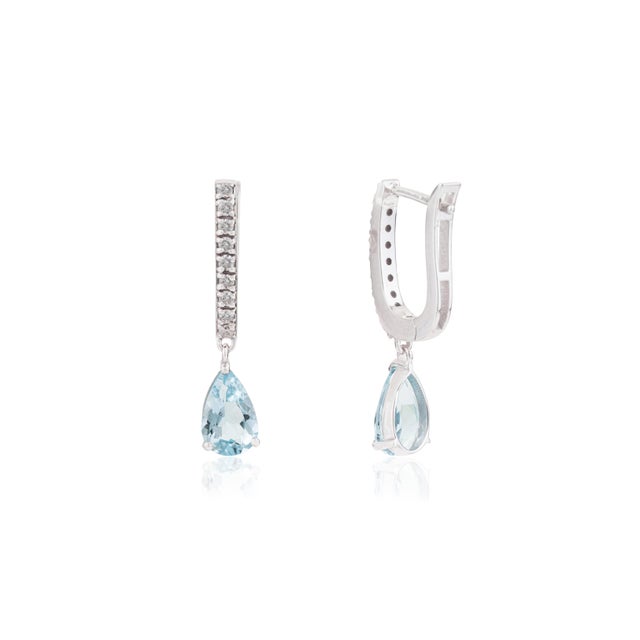 Metal 1.19Ct Natural Aquamarine & Diamond Huggie Drop Earrings in 14k White Gold- 2 Pieces For Sale - Image 7 of 13