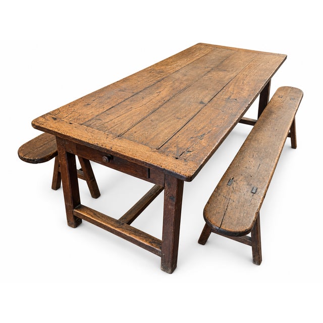 Large Antique Early 20th Century French Oak Farmhouse Table with Drawer and Two Benches For Sale - Image 10 of 10