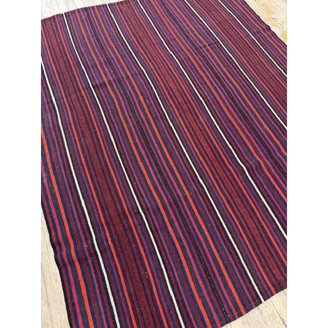 Mid-Century Modern Multicolor Stripe Geometric Turkish Kilim Handwoven Small Rug For Sale - Image 4 of 5