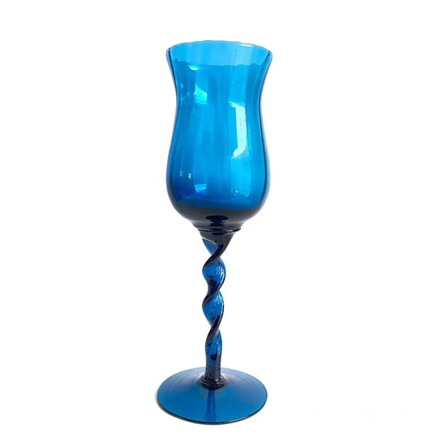 Mid Century Modern 1960s Empoli Italian Art Glass Compote Vase Teal Blue Colored Twisted Snifter 13” Tall For Sale - Image 10 of 10