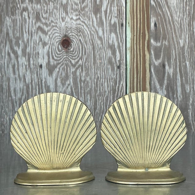 Vintage Coastal Brass Clamshell Bookends - Set of 2 | Chairish - Coastal Brass Decor Ideas
