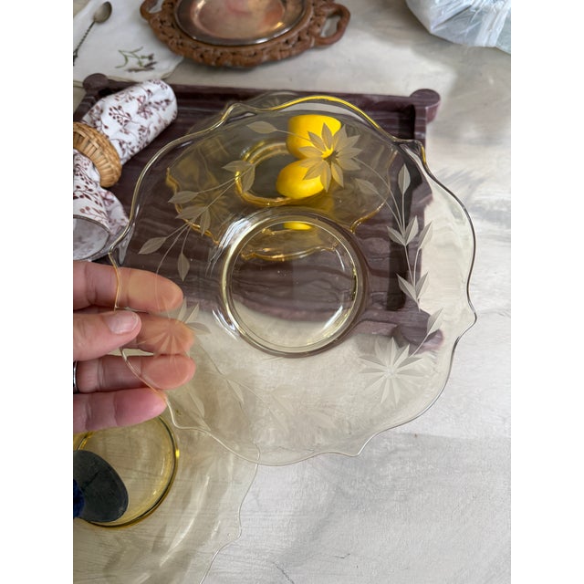 Glass Vintage Attributed to Hazel-Atlas Amber Depression Glass Etched Plates Floral Star Pattern 7 Inch - Set of 4 For Sale - Image 7 of 12