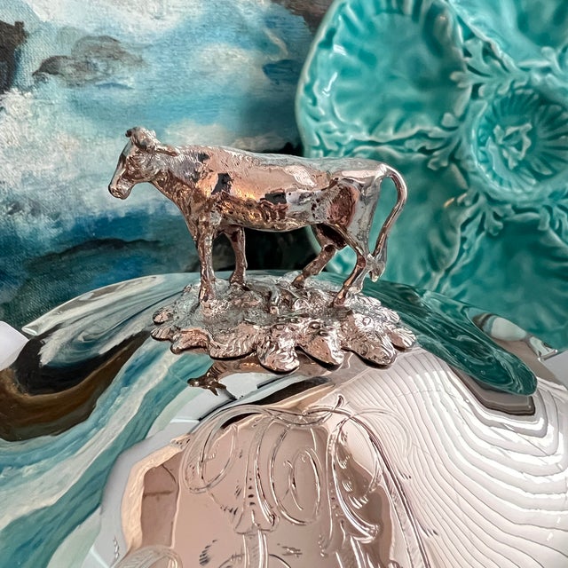 Victorian Antique Victorian Silverplate Butter Dish With Cow Finial and Milkglass Bowl For Sale - Image 3 of 10