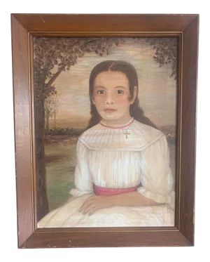 Mid 20th Century Americana Folk Art Style Portrait Oil Painting of a Girl, Signed and Framed