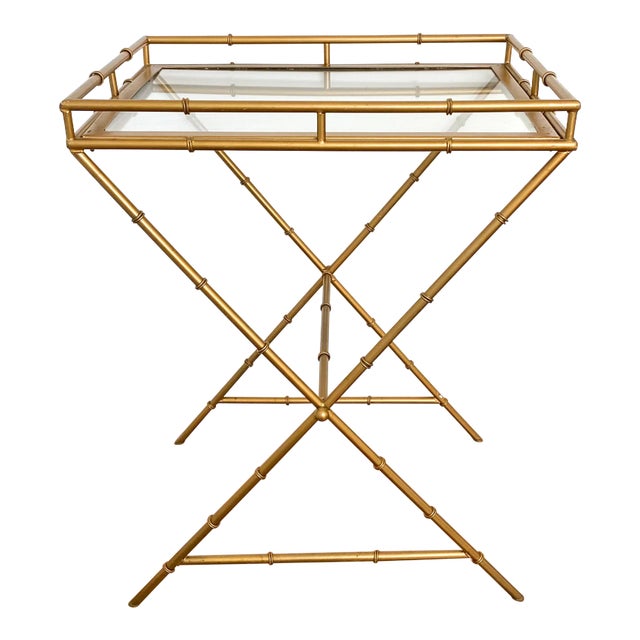 Mid Century Hollywood Regency Gold Gilt Faux Bamboo Bar/ Side Table For Sale