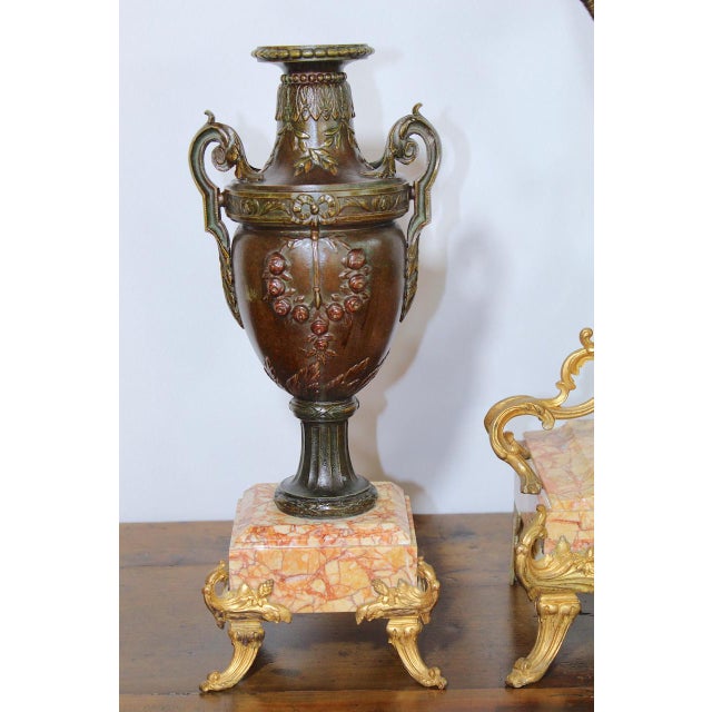 Antique French 1896 “Amour Irresistible” Angel Statue Pink Marble 3-Piece Clock Set For Sale - Image 11 of 17