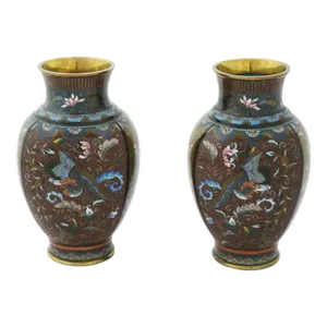 Antique Pair of Early Meiji Japanese Cloisonne Enamel Goldstone Phoenix Bird Vases