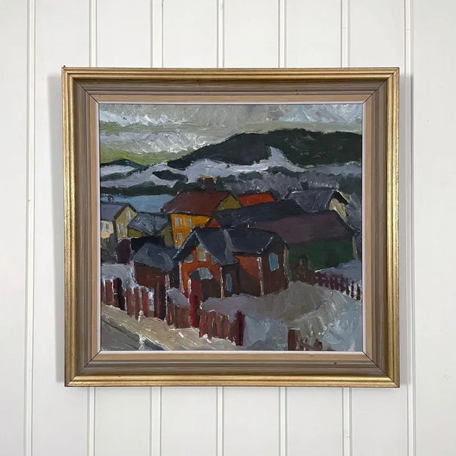Red 1950s Mid-Century Swedish Modernist Winter Townscape Oil Painting "Odenslund" by Bo Olsson Perman For Sale - Image 8 of 14