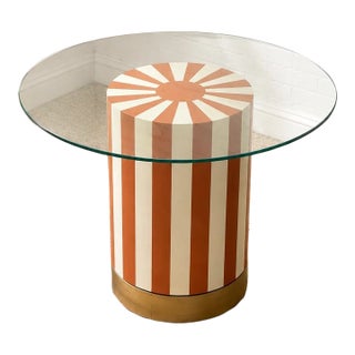 Mid 20th Century Postmodern Orange and Cream Striped Pedestal Dining Table With Glass Top For Sale