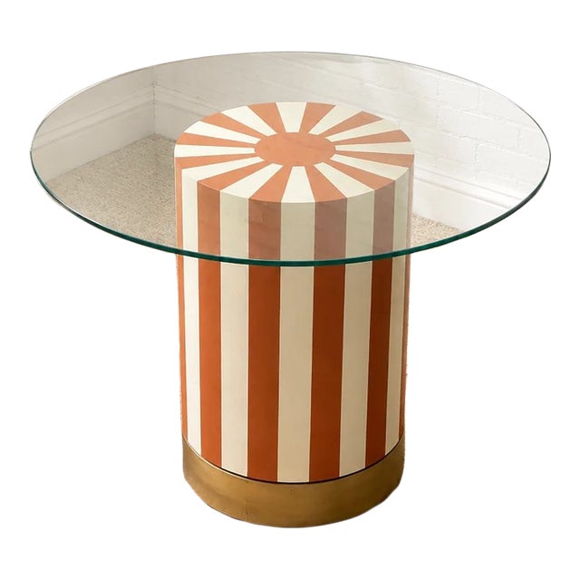 Mid 20th Century Postmodern Orange and Cream Striped Pedestal Dining Table With Glass Top For Sale