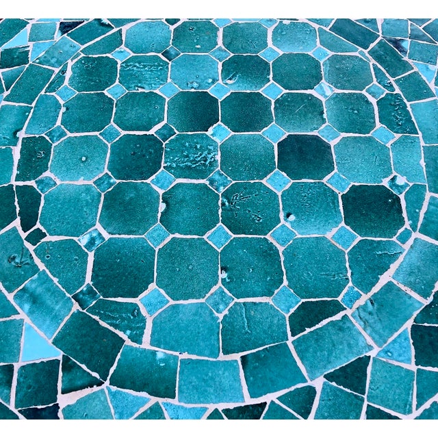 16" Mini Moroccan Mosaic Accent Table – Emerald Aqua Tile Top For Sale - Image 4 of 9