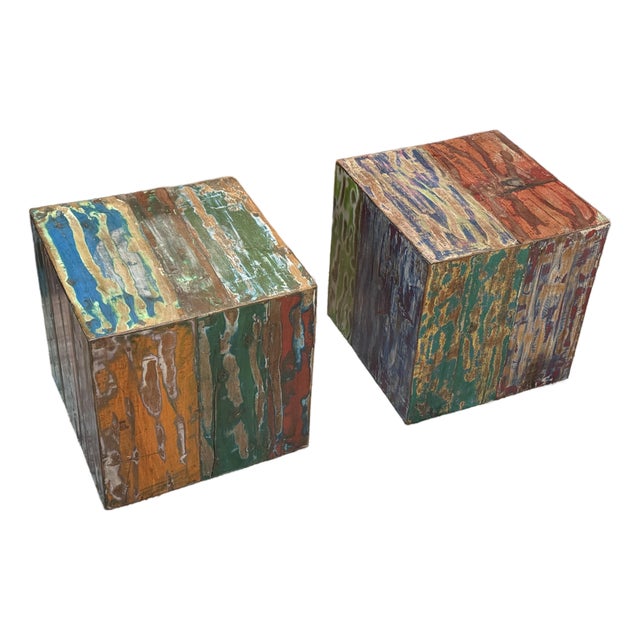 Handmade Reclaimed Boat Wood Cube Stools, Pair For Sale