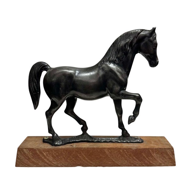 Mid-Century Modern Vintage Cast Metal Horse Sculpture on Solid Wood Base For Sale - Image 3 of 4